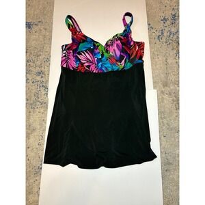 St Johns Bay Women's Swim Dress Tropical Print Black Skirt Size 18